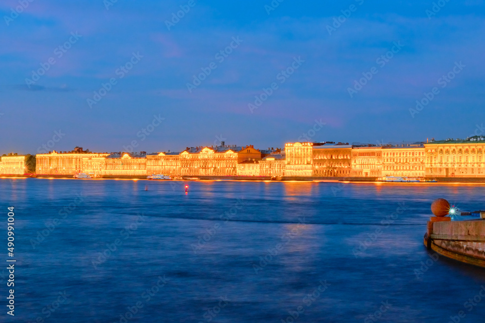 Winter Palace and Neva River in St. Petersburg during the White Night, Russian.