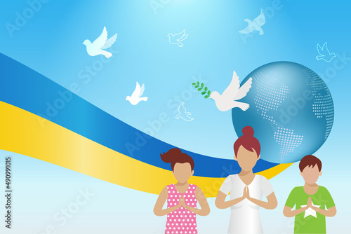 Stop war, pray for Ukraine concept. Woman and children praying for Ukraine with flying pigeon, symbol of peace and freedom. International protest to stop aggressive against Ukraine.