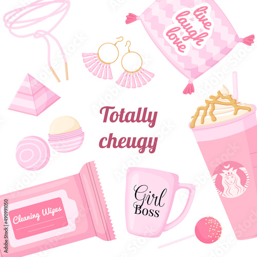 Cheugy elements collection banner. Square pink poster. Cartoon illustration. photo