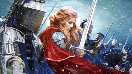Fényképezés A charming red-haired female knight in a snowy windy blizzard with a two-handed sword and a red cloak, surrounded by valiant cavalry knights in shiny plate armor ready to defend her to death