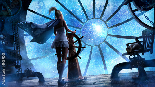 Canvas Print A young girl at the helm of an airship is flying towards a bright shining star, she is wearing a dress and starry magic cloak, steampunk equipment , large stained glass porthole and cat