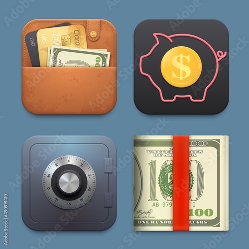 Money, wallet, safe and piggy bank icons. Banking and finances management application, bank account balance and cashback program, investments monitoring application UI interface realistic vector icons