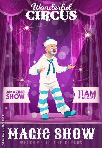 Shapito circus poster with cartoon sailor clown on stage, vector funfair carnival magic show. Welcome to circus poster for ticket booth or web banner. Joker and jesters show performance