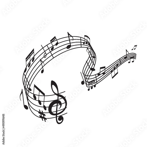 Musical wave of notes on stave, concert or symphonic orchestra vector sign. Classic music live concert or philharmonic band melody notes of clef or treble and bass in wave