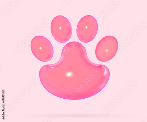 Paw 3d print in cartoon soft pop style. Grooming service visual concept. Realistic render vector elements for pet and veterinaty care design.