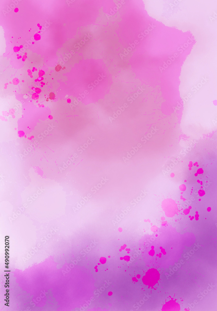 Watercolor on textured paper with pink splatters