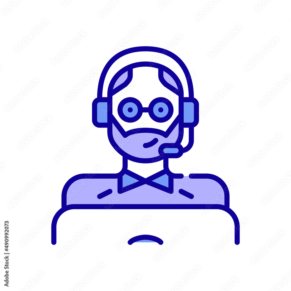 Middle aged man wearing a headset and working as a call center agent at a laptop. Pixel perfect, editable stroke color icon 