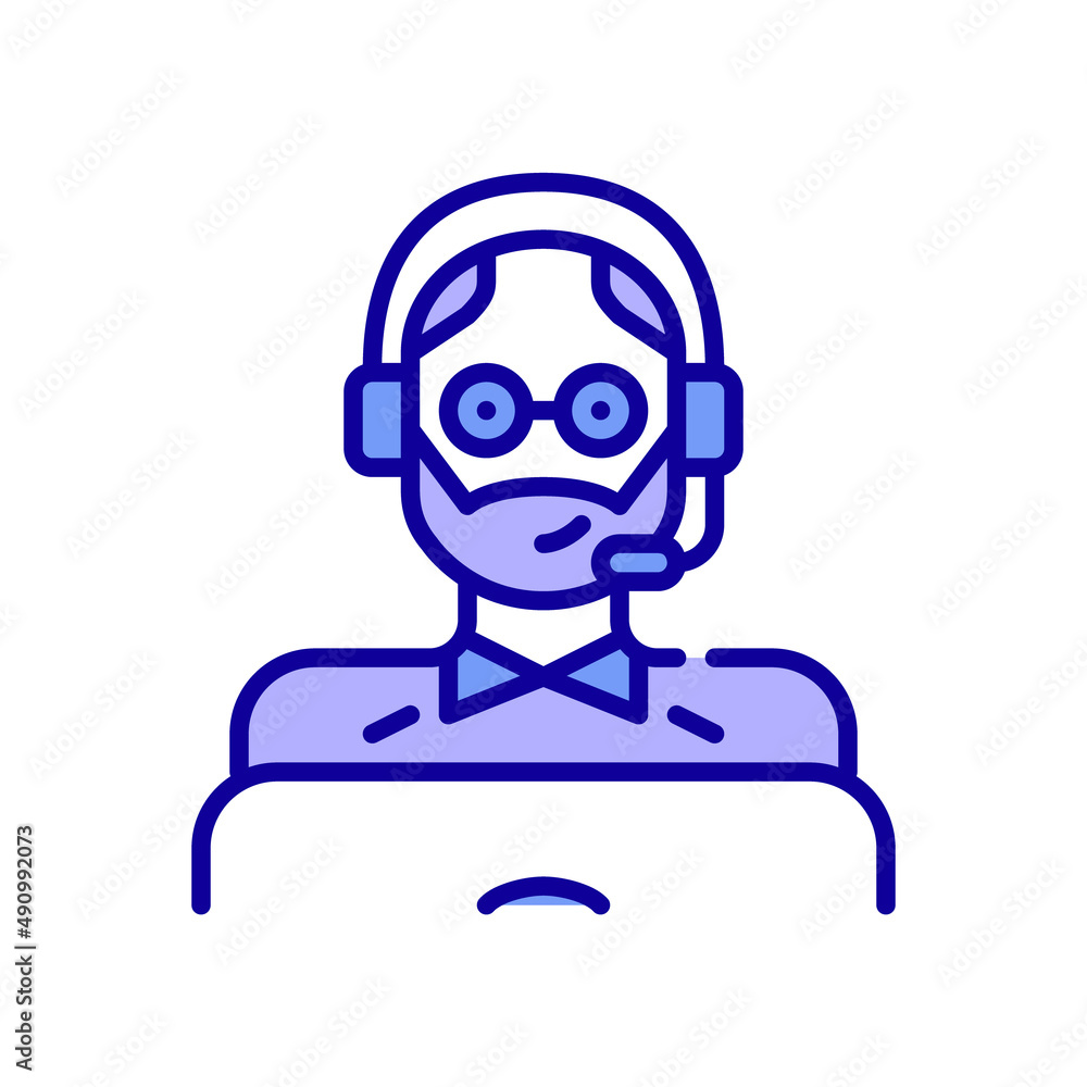 Middle aged man wearing a headset and working as a call center agent at a laptop. Pixel perfect, editable stroke color icon Middle aged man wearing a headset and working as a call center agent at a laptop. Pixel perfect, editable stroke color icon