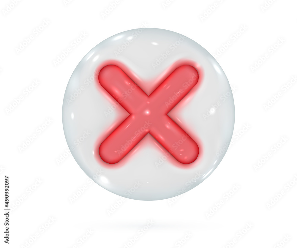 Fototapeta premium 3d cancel cross icon. Red negative or decline glossy glass sign. Vector render design element.