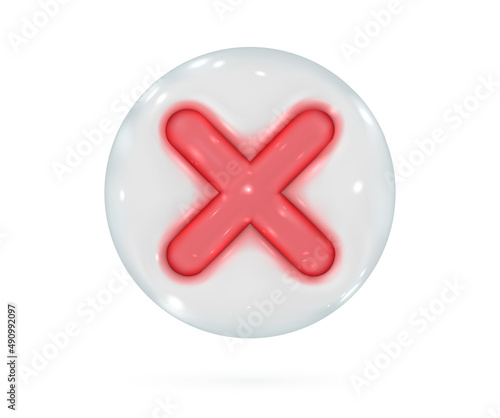 3d cancel cross icon. Red negative or decline glossy glass sign. Vector render design element.