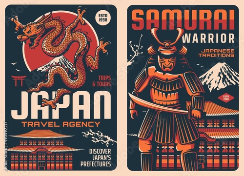 Japan retro travel posters with Japanese landmarks, culture and traditions,. Tours to Fuji mount and Torii gate, Buddhism pagoda with sakura, samurai warrior and dragon