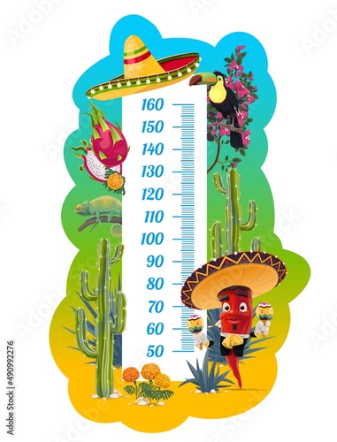 Kids height chart with Mexican cartoon characters, vector growth meter ruler scale with chili pepper in mexican sombrero with maracas, agave and dragon fruit, cactus and toucan bird with chameleon