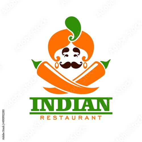 Indian restaurant icon with Hindu and peppers, vector India cuisine food and kitchen emblem. Indian cuisine Maharajah in turban with chili peppers, guru chef curry bar or vegetarian cafe sign