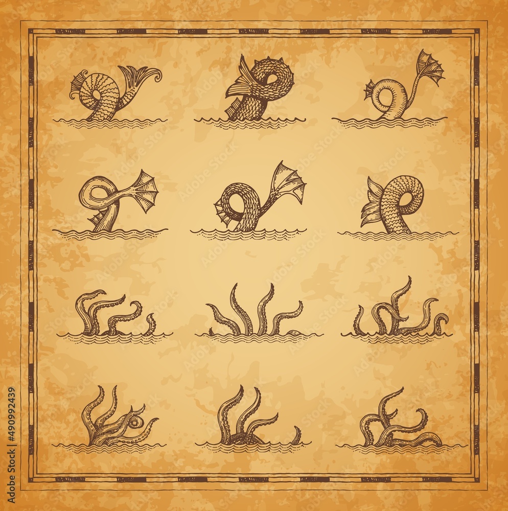 Sea monsters, octopus or squid and ocean creatures, vector vintage marine krakens. Sea monsters tails and tentacles in water waves, giant fish or serpent dragon and nautical cthulhu on woodcut scroll Sea monsters, octopus or squid and ocean creatures, vector vintage marine krakens. Sea monsters tails and tentacles in water waves, giant fish or serpent dragon and nautical cthulhu on woodcut scroll