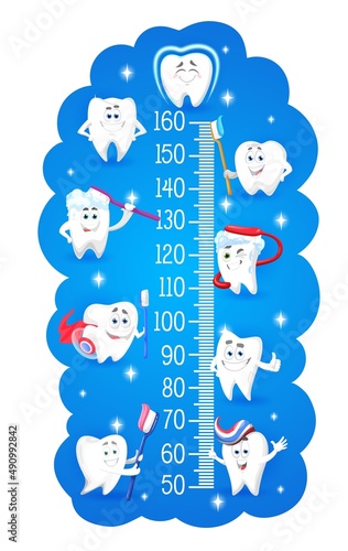 Cartoon teeth characters with toothbrushes, vector kids height chart or growth meter ruler. Children ruler or stadiometer on blue background with funny teeth, toothpaste, superhero red cape and shield