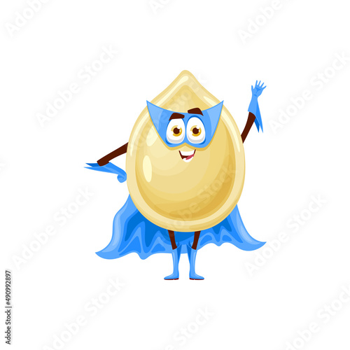Pumpkin seed in white shell superhero in face mask and cape isolated cartoon character emoji emoticon, happy face. Vector gourd grain, dieting food snack superfood comic hero, seed with arms and legs