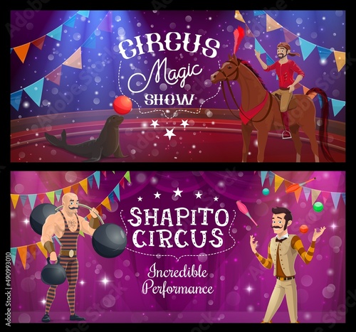 Shapito circus acrobat juggler, strongman and seal, vector funfair carnival show. Circus fairground and magic performance of trained animals with ball, horse rider acrobat and juggling man on stage