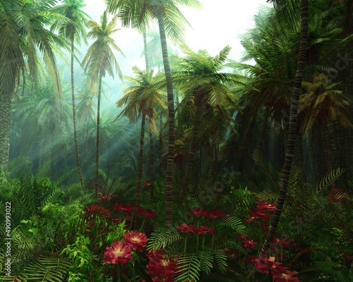 Jungle  beautiful rainforest in the fog  palm trees in the haze  jungle in the morning in the fog  3D rendering