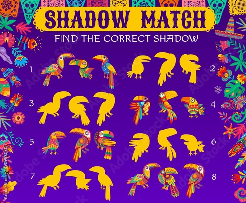 Mexican toucan silhouettes, shadow match kids game worksheet with tropical alebrije birds. Vector logical riddle, children rebus, preschool or kindergarten educational task with mexican theme