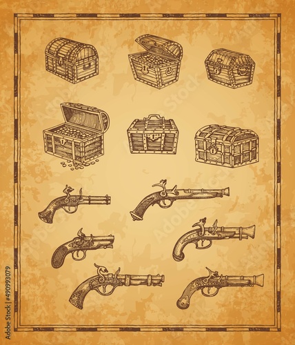 Chest and musket gun vector sketch, vintage map elements of pirate treasures. Map of treasure island with icon of chest with golden coin and pistol guns of sailor or corsair and filibuster captain