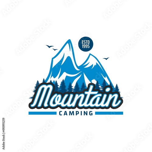 Mountain camping icon, Alpine tourism, trekking and hiking travel club vector badge. Mountaineering and backpacking tourist adventure in Alps mountains, summer and winter campsite, outdoor activity