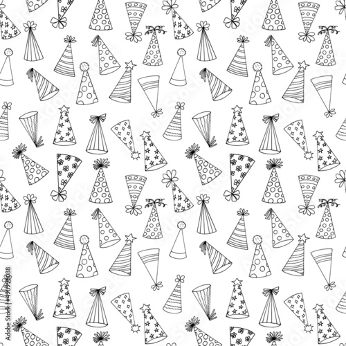 party hat seamless pattern hand drawn doodle, vector, nordic, scandinavian, monochrome, minimalism. wallpaper, textiles, print, wrapping paper, background.