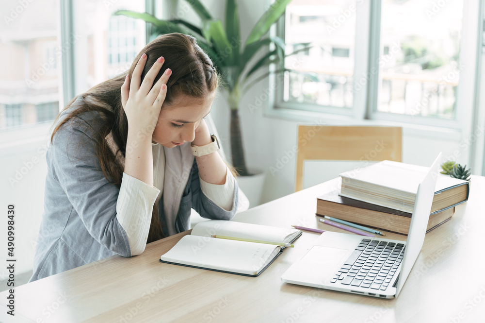 Boring girl student online learning class with laptop computer Boring girl student online learning class with laptop computer