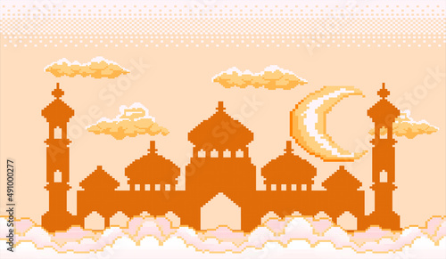 pixel art of the month of ramadan there is a magnificent mosque building under the moon and a beautiful sky