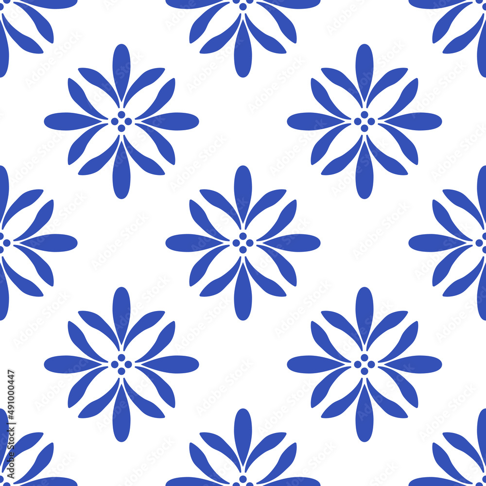 Azulejos portuguese traditional ornamental tile, blue and white seamless pattern