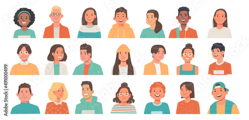 Set of portraits of teenagers. Avatars of boys and girls of different nationalities. School or college students. Vector illustration