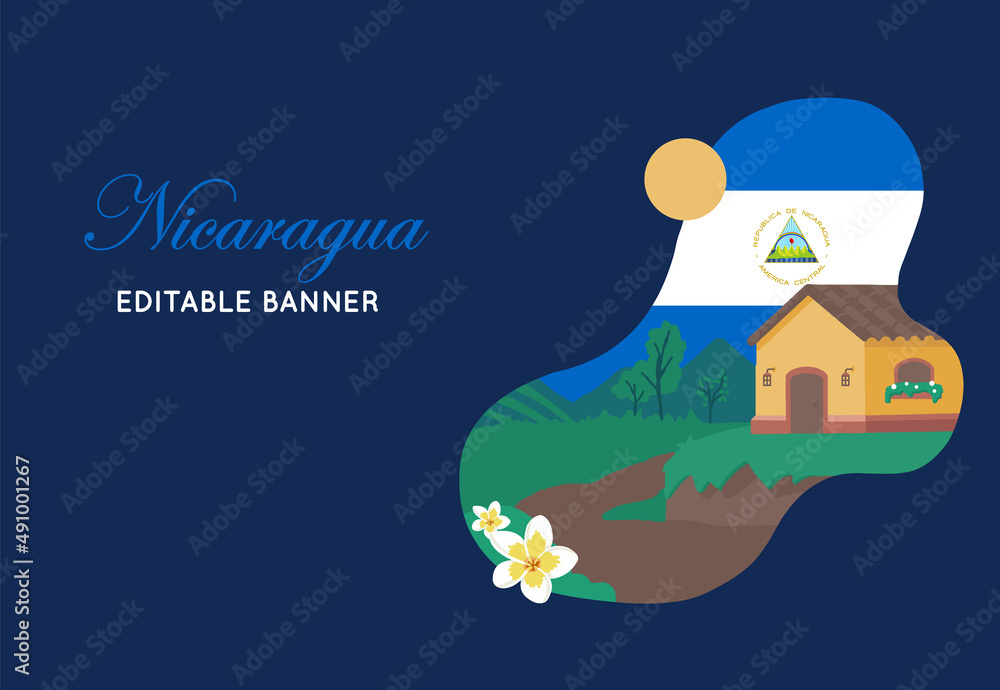 VECTORS. Nicaragua landscape, antique house, national flower, touristic banner, patriotic