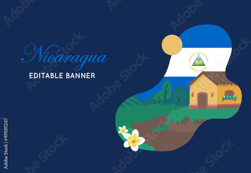 VECTORS. Nicaragua landscape, antique house, national flower, touristic banner, patriotic