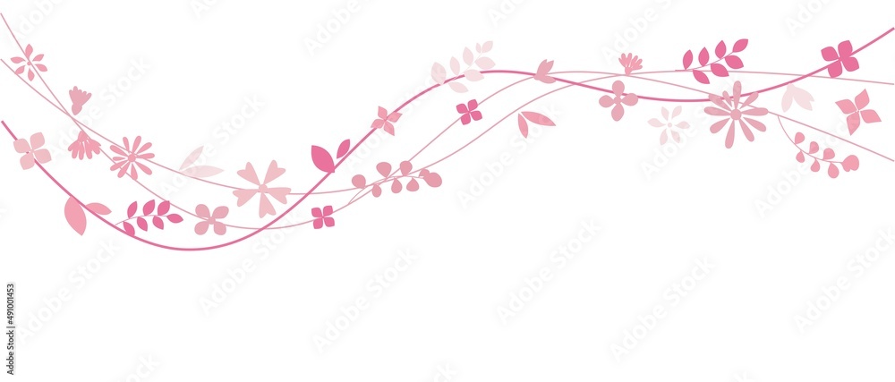 Pink flowers and leaves border illustration. Pink floral decoration graphics for spring design and background. Vector illustration Pink flowers and leaves border illustration. Pink floral decoration graphics for spring design and background. Vector illustration