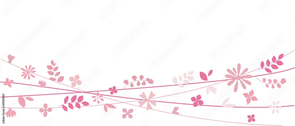 Pink flowers and leaves border illustration. Pink floral decoration graphics for spring design and background. Vector illustration