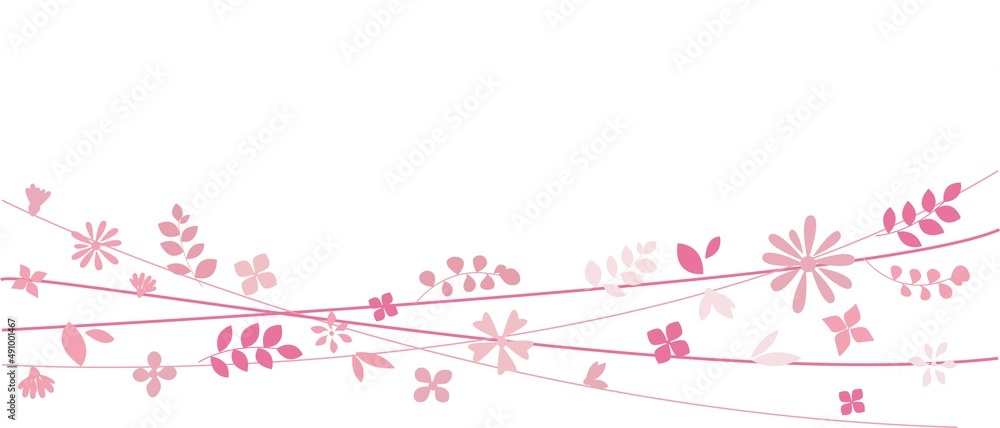 Pink flowers and leaves border illustration. Pink floral decoration graphics for spring design and background. Vector illustration Pink flowers and leaves border illustration. Pink floral decoration graphics for spring design and background. Vector illustration