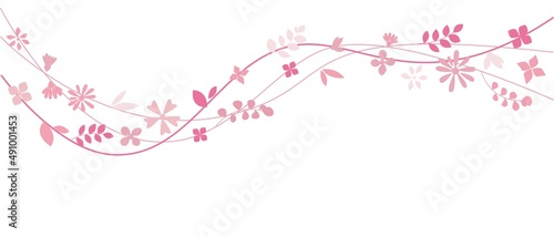 Pink flowers and leaves border illustration. Pink floral decoration graphics for spring design and background. Vector illustration