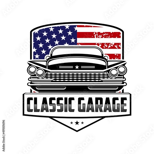Retro car service sign. Vector illustration with the image of an old classic car, design logos, posters, banners, signage.