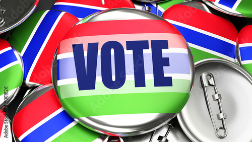 Gambia and Vote - dozens of pinback buttons with a flag of Gambia and a word Vote. 3d render symbolizing upcoming Vote in this country., 3d illustration