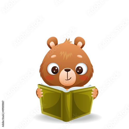 Baby bear reads a green book with interest. Drawn in cartoon style. Vector illustration for designs, prints and patterns. Isolated on white background