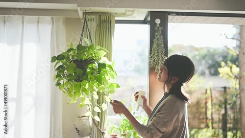 部屋の観葉植物に水やりをする、妊娠している女性