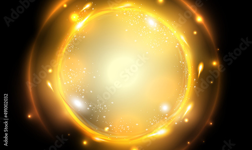 Round light explosion or blast wave. Rotating rings with shine rays. Abstract circles and rings with sparkles. Light fire flame frame. Fire swirl golden ring for celebration on festive design. Vector