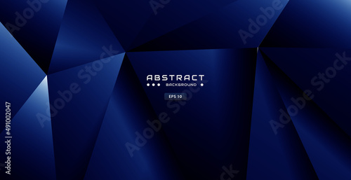 Realistic dark blue background with low poly shape and shadow. Abstract blue banner