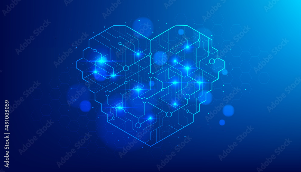 Heart shape of an artificial intelligence with line dots on dark blue ...