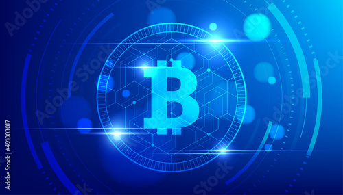 Futuristic digital money with logo bitcoin digital currency on blue background.