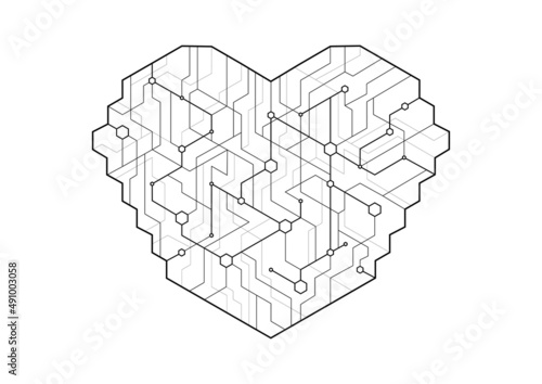 Dot circuit board heart shape simple design. Artificial intelligence concept.
