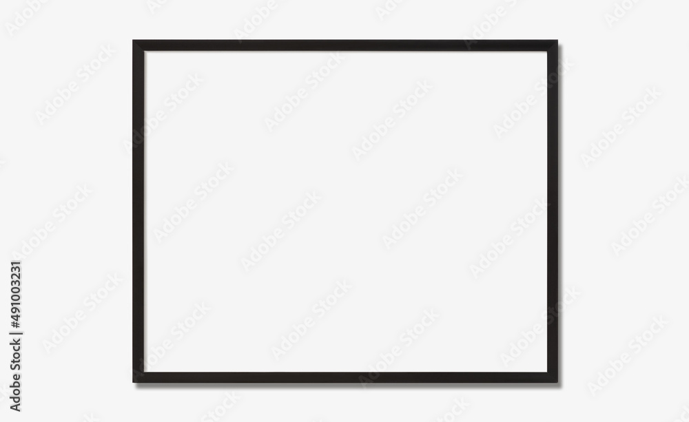 Blank picture frame mockup on white wall, horizontal artwork template. Single black frame mock-up. Blank picture frame mockup on white wall, horizontal artwork template. Single black frame mock-up.