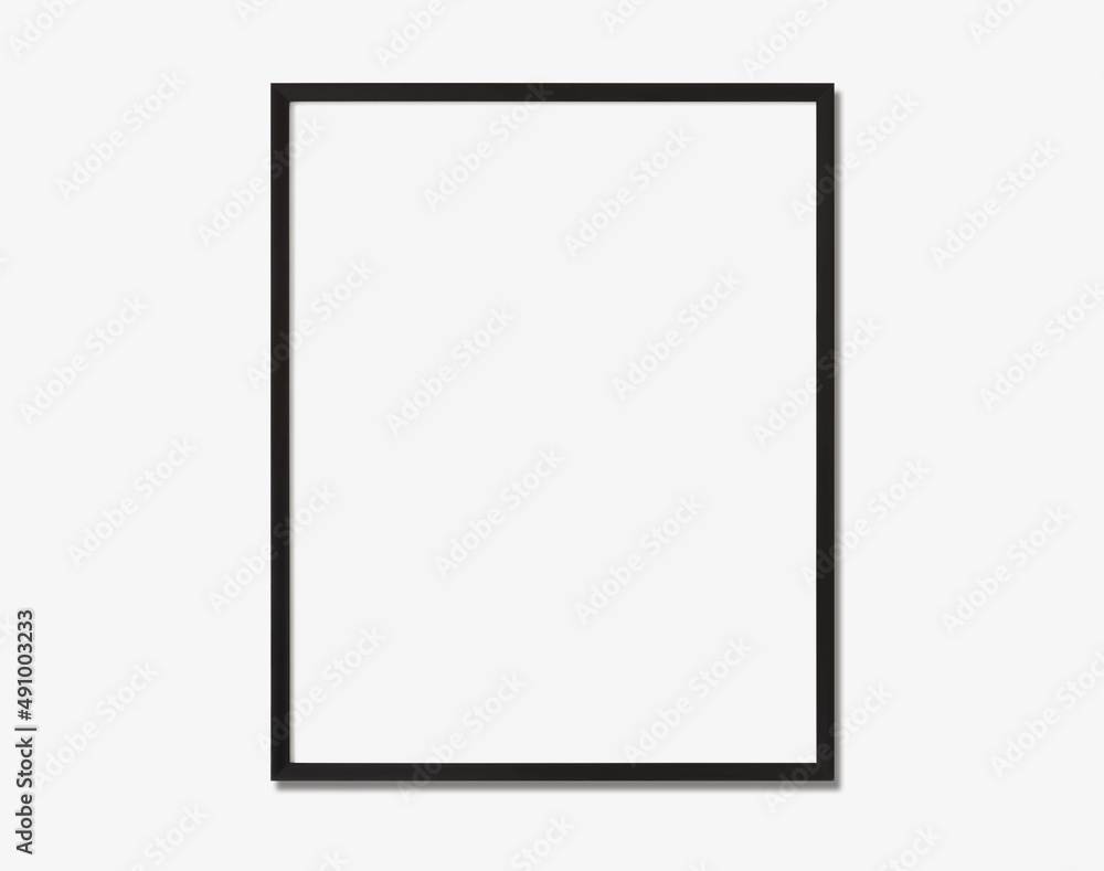 Frame mockup, Blank black picture frame mockup on white wall, single vertical artwork template, Clean, modern, minimalist