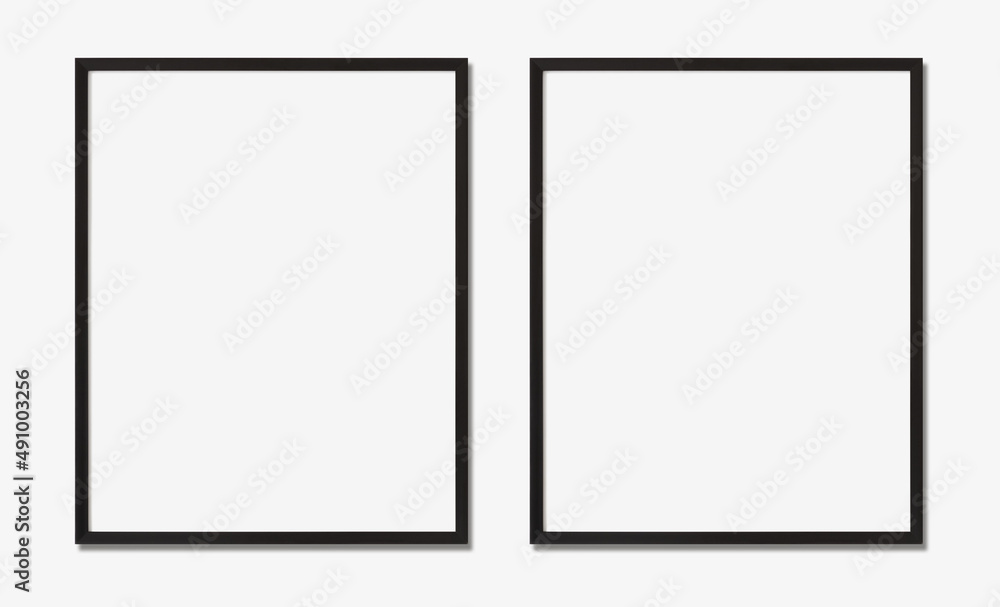Picture frame mockup, Set of two vertical black frames on white wall, Template for artwork, painting, photo or poster. Picture frame mockup, Set of two vertical black frames on white wall, Template for artwork, painting, photo or poster.