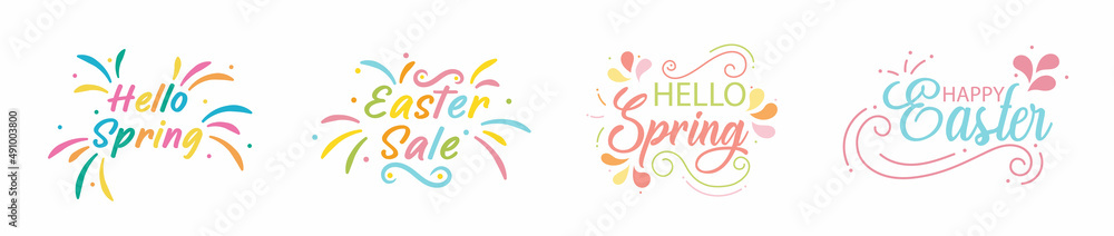 Set of spring lettering. Congratulatory text Happy Easter. Colorful splashes, fireworks and linear patterns. Design elements for Easter, greeting card, banner, poster, advertising. Vector Set of spring lettering. Congratulatory text Happy Easter. Colorful splashes, fireworks and linear patterns. Design elements for Easter, greeting card, banner, poster, advertising. Vector