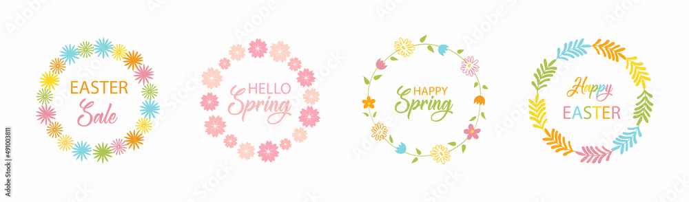 Spring greeting card set. Hand drawn illustration. Floral wreath and lettering. Spring flowers with branches and cozy leaves. Suitable for banner, poster, postcard, brochure, advertising